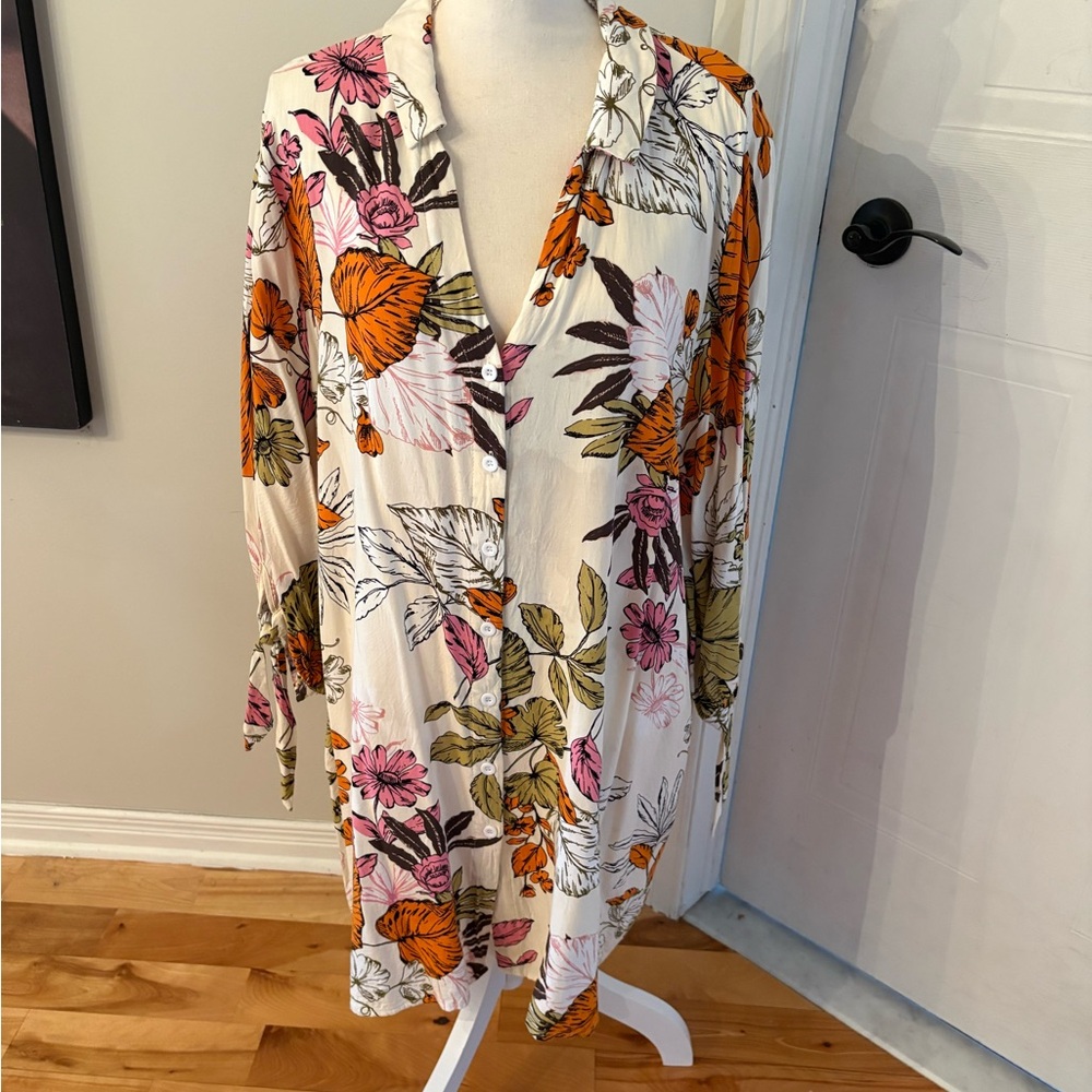 Cupshe Cream Floral Button-Front Blouse with Pink & Orange Accents